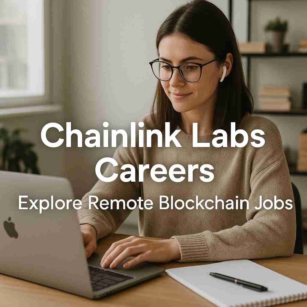 A woman working remotely on a laptop in a modern home office, representing Chainlink Labs careers in blockchain and Web3.