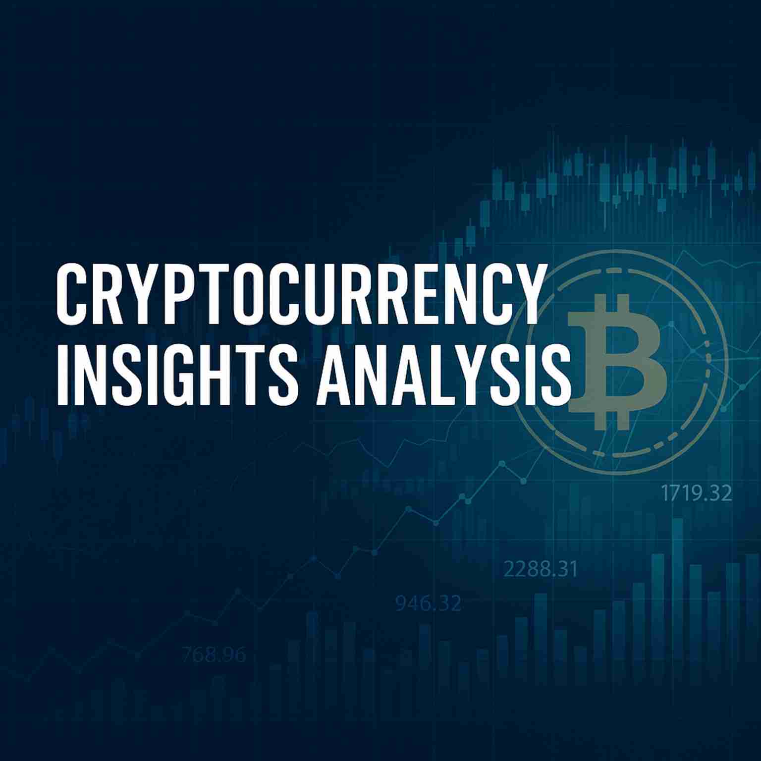Cryptocurrency insights analysis banner with Bitcoin symbol, financial charts, and digital data on a gradient blue background.