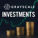 Grayscale Investments logo with stacked gold coins and green crypto candlestick chart in the background, representing digital asset investment growth.