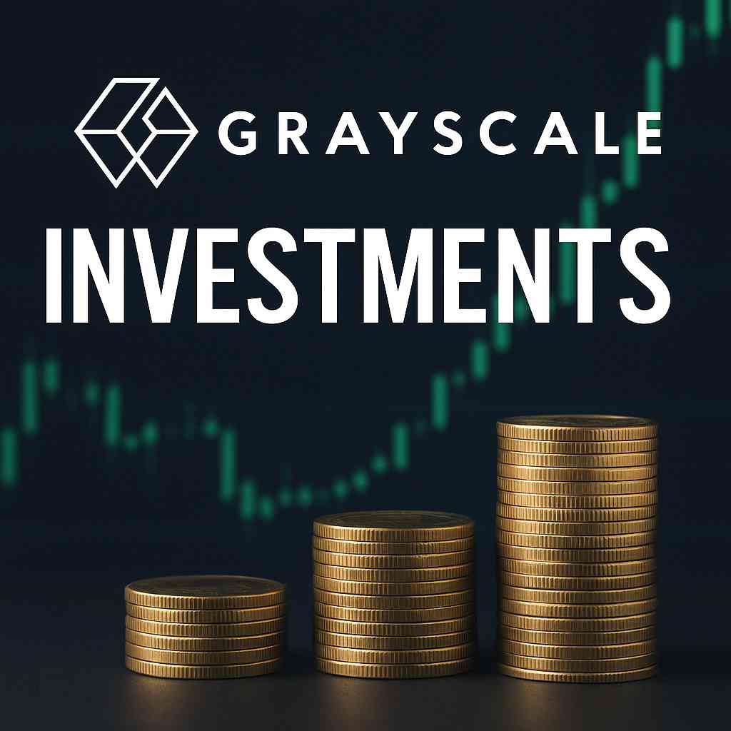 Grayscale Investments logo with stacked gold coins and green crypto candlestick chart in the background, representing digital asset investment growth.