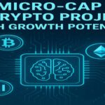 Digital illustration showing AI brain chip with Bitcoin, Ethereum, and AI symbols representing micro-cap AI crypto projects with growth potential.