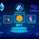 Futuristic NFT launchpad interface showcasing Ethereum, Arbitrum, and Polygon blockchains with digital avatars, NFT tokens, and gaming icons