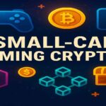 Graphic featuring the title 'Small-Cap Gaming Cryptos' with symbols of blockchain, Ethereum, Bitcoin, and gaming icons on a dark digital background.