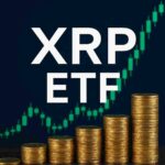 Bold XRP ETF text over a rising green candlestick chart with stacked gold coins, symbolizing the potential XRP ETF launch in the US and crypto market growth.