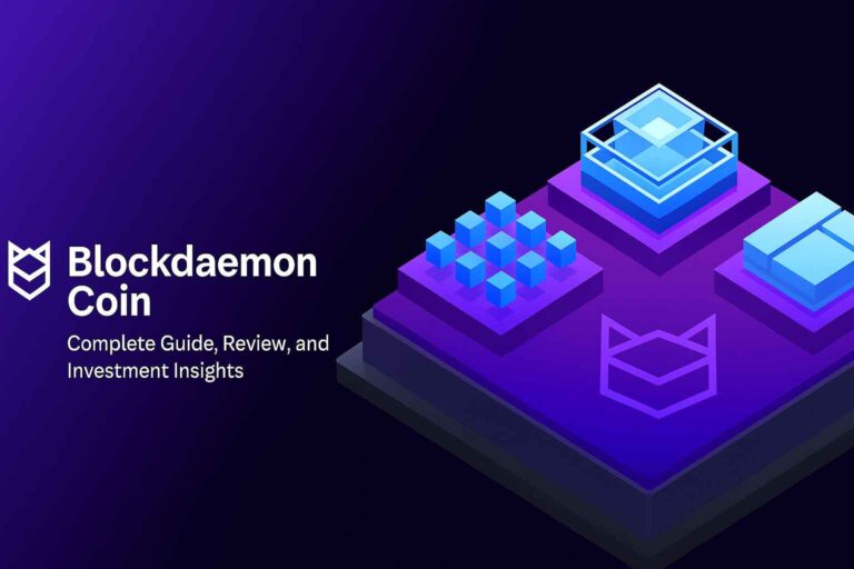 Digital banner showcasing Blockdaemon Coin with blockchain infrastructure and staking solutions theme.