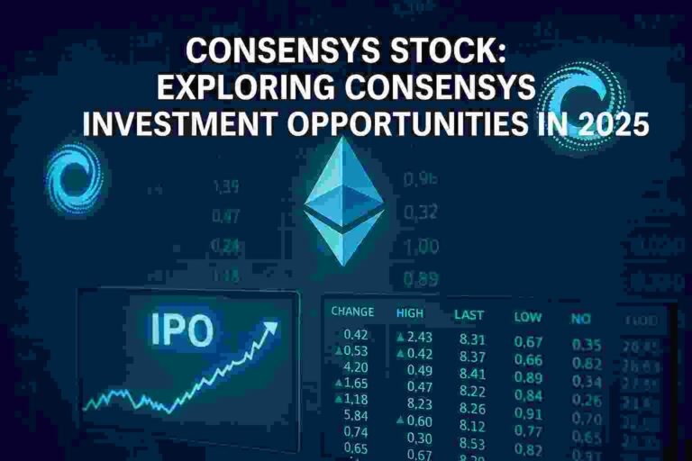 ConsenSys stock IPO forecast with Ethereum branding and stock charts