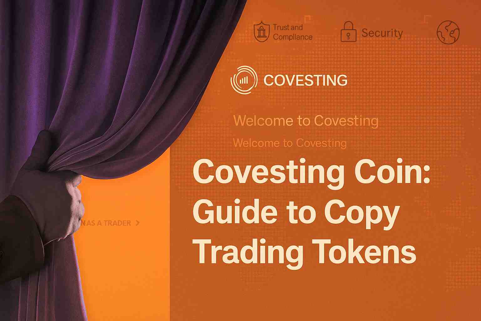 Digital promotional image of Covesting Coin highlighting copy trading and blockchain innovation.