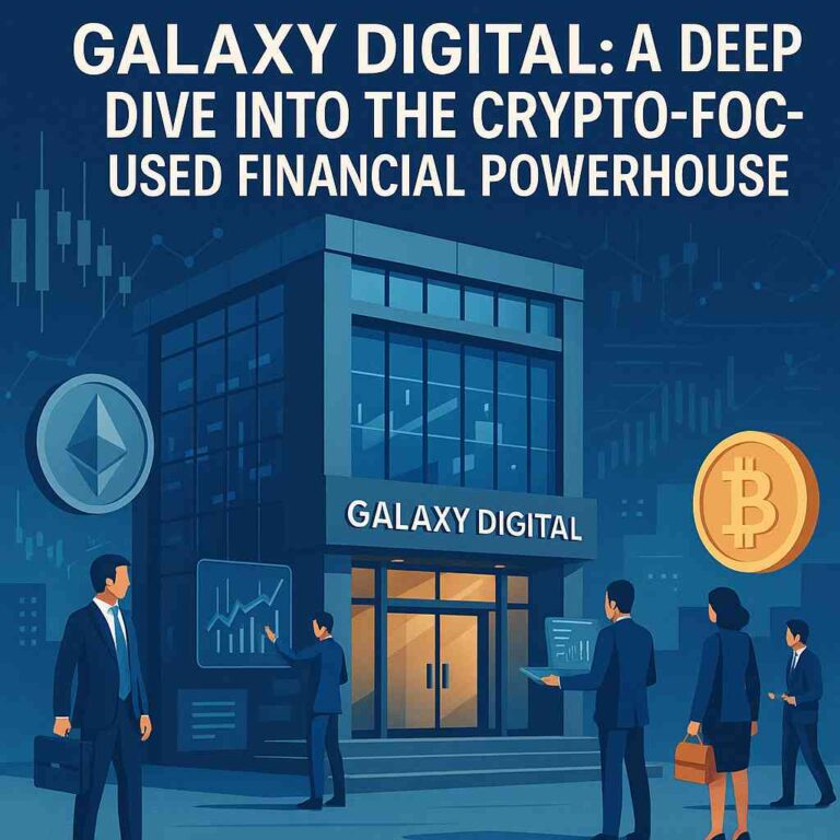 Galaxy Digital headquarters with crypto charts and blockchain visuals