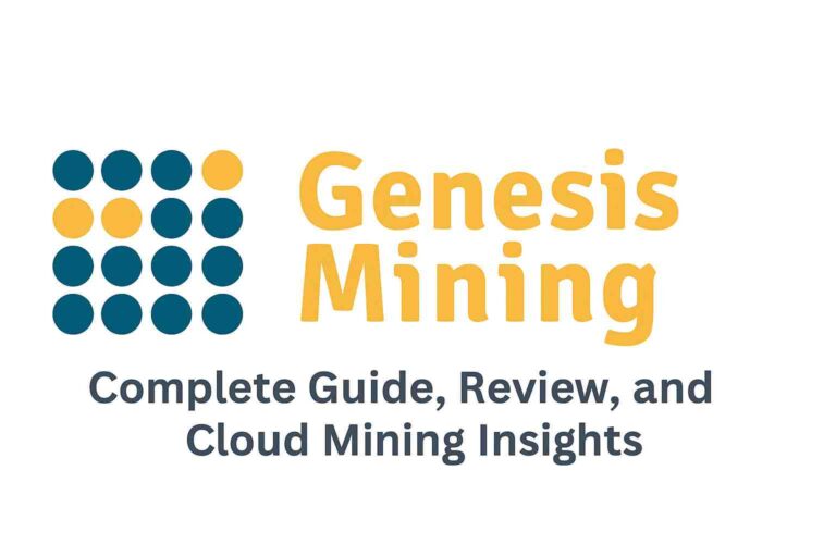 Genesis Mining logo featuring teal and gold circular pattern with company name and tagline “Complete Guide, Review, and Cloud Mining Insights.”
