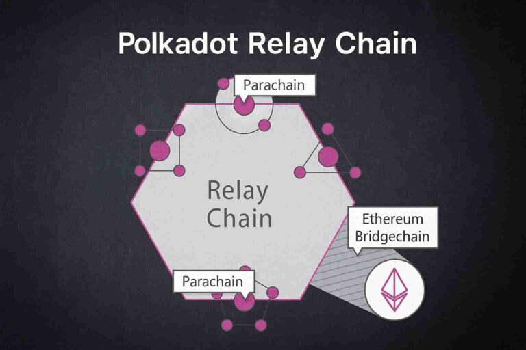Diagram of the Polkadot relay chain with connected parachains and an Ethereum bridgechain for cross-chain interoperability.