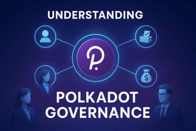 Digital illustration explaining Polkadot governance with interconnected parachains and a council symbolizing decentralized decision-making