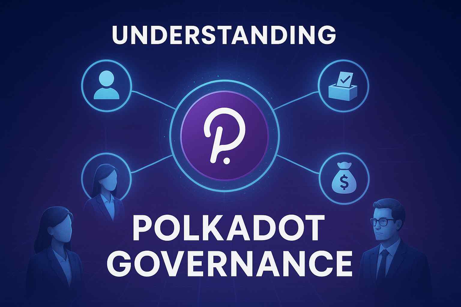 Digital illustration explaining Polkadot governance with interconnected parachains and a council symbolizing decentralized decision-making
