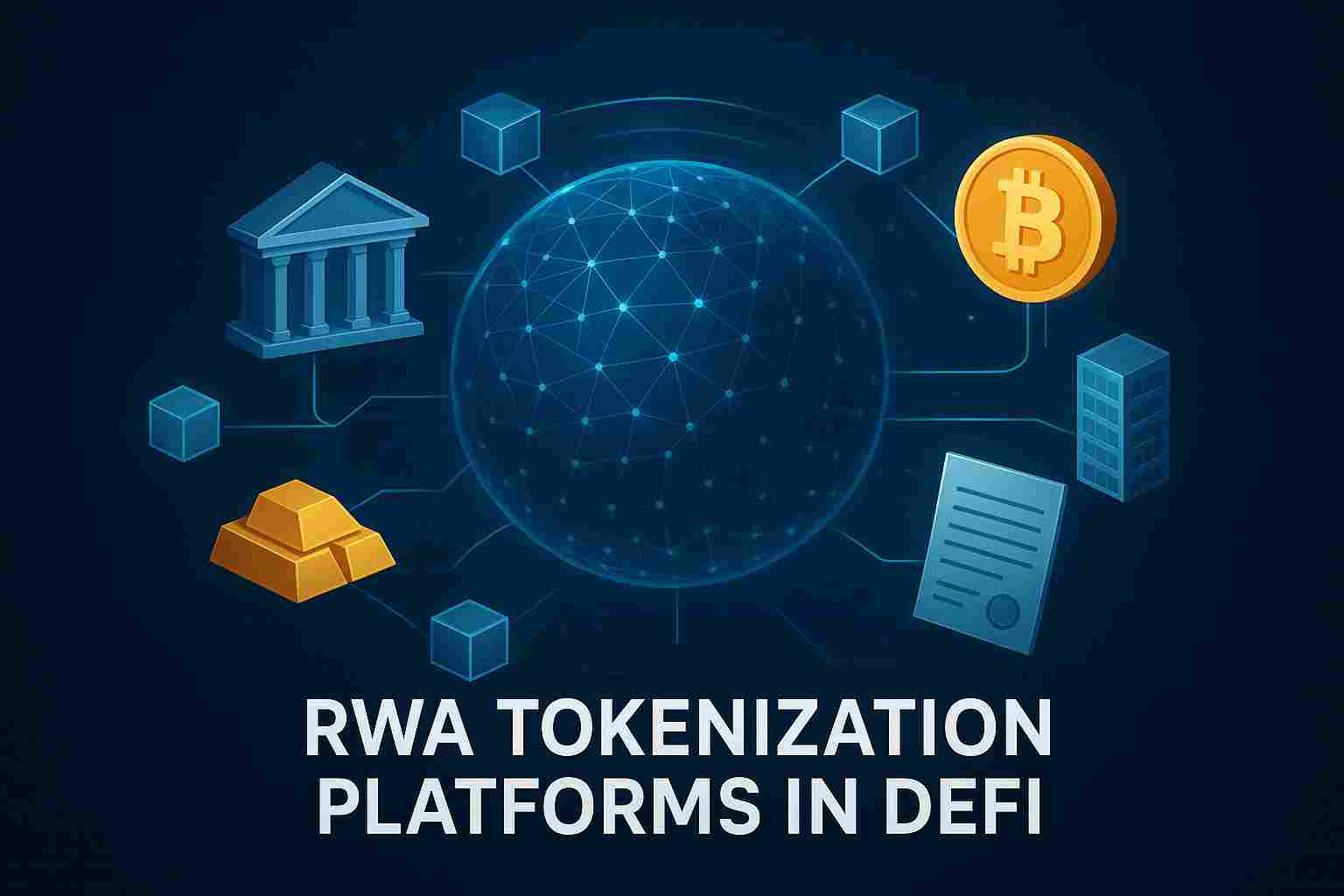 Concept illustration of RWA tokenization platforms in DeFi connecting real-world assets with blockchain liquidity.