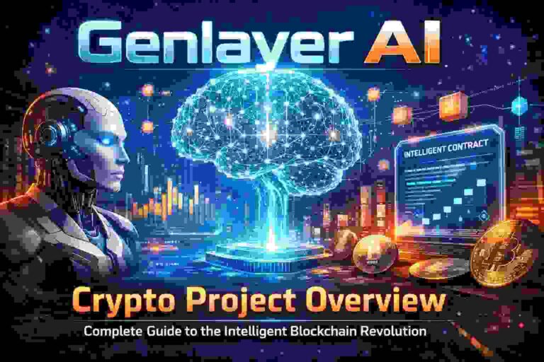 GenLayer AI crypto project overview showing artificial intelligence integrated with blockchain, intelligent smart contracts, decentralized validators, and next-generation crypto infrastructure